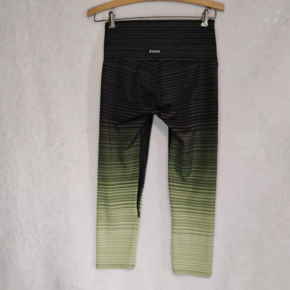 K-DEER Will Stripe Capri Leggings Large Micro Striped Olive Green High Waist Gym - Picture 12 of 16
